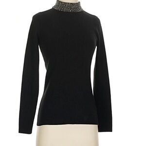 White House Black Market Black Knit Sweater with Jeweled Collar